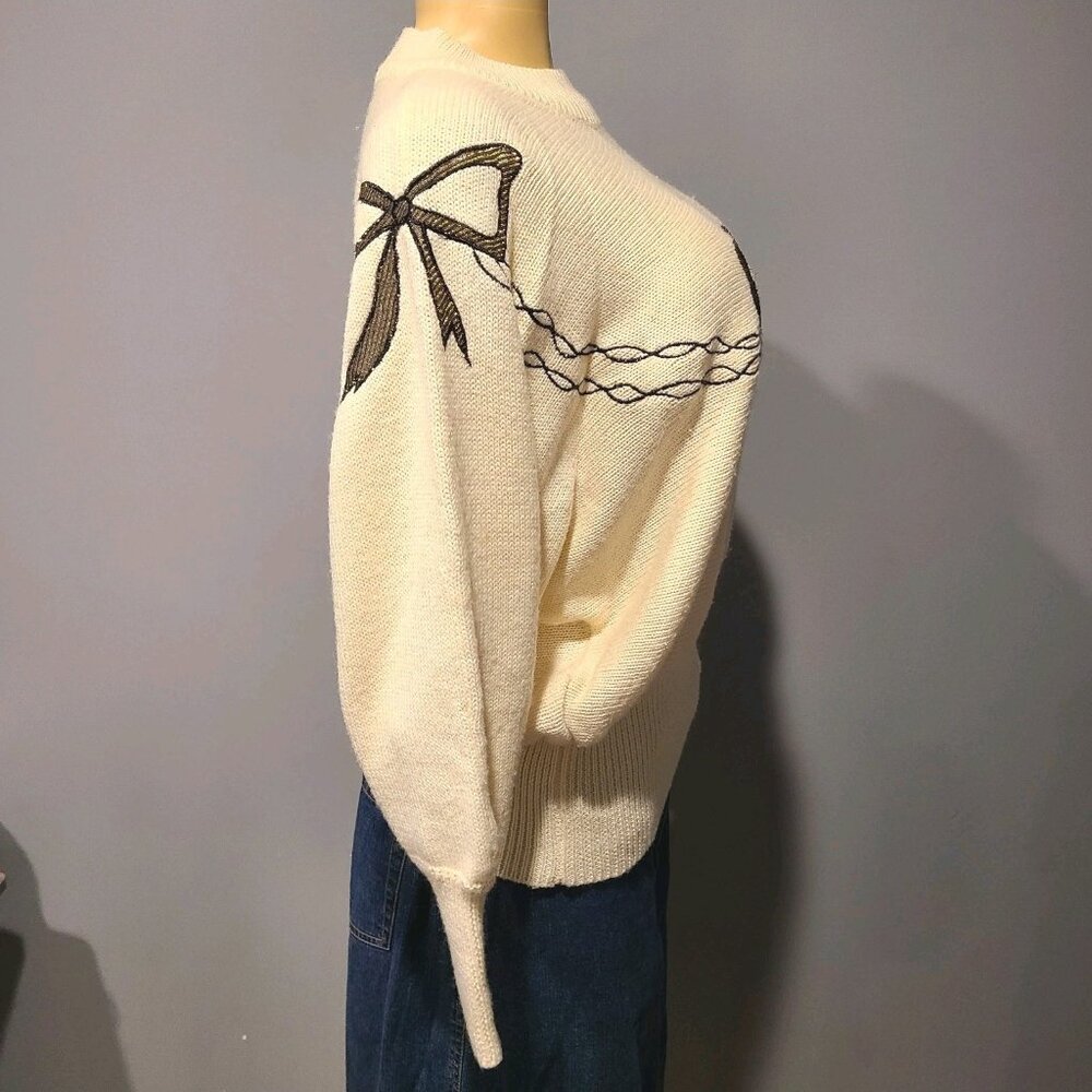 Vintage Bow Sweater Womens Holiday Gilded Gold Cream Wool Blend Size Large - Picture 5 of 10